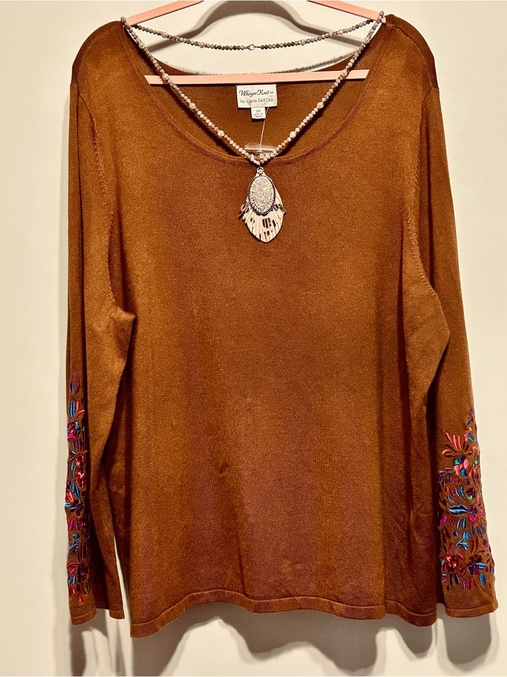 Brown Embroidered-Sleeve Long Sweater with glitzy western style necklace